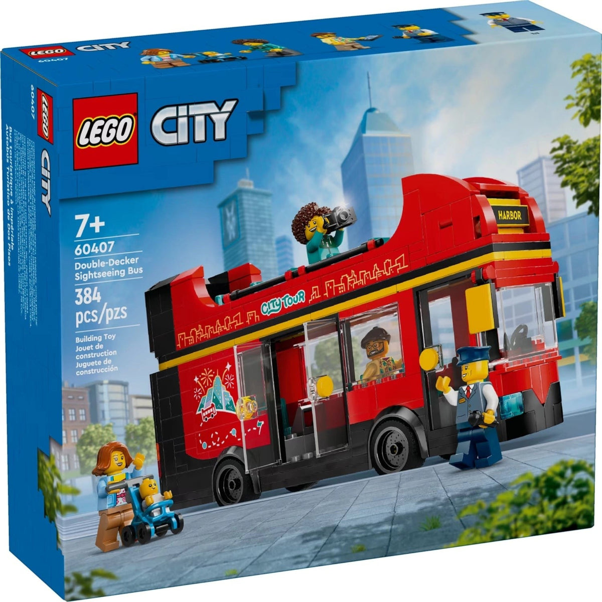 [box-front] A Brick Apart LEGO City double-decker sightseeing bus playset box featuring red bus, 5 minifigures, and accessories.