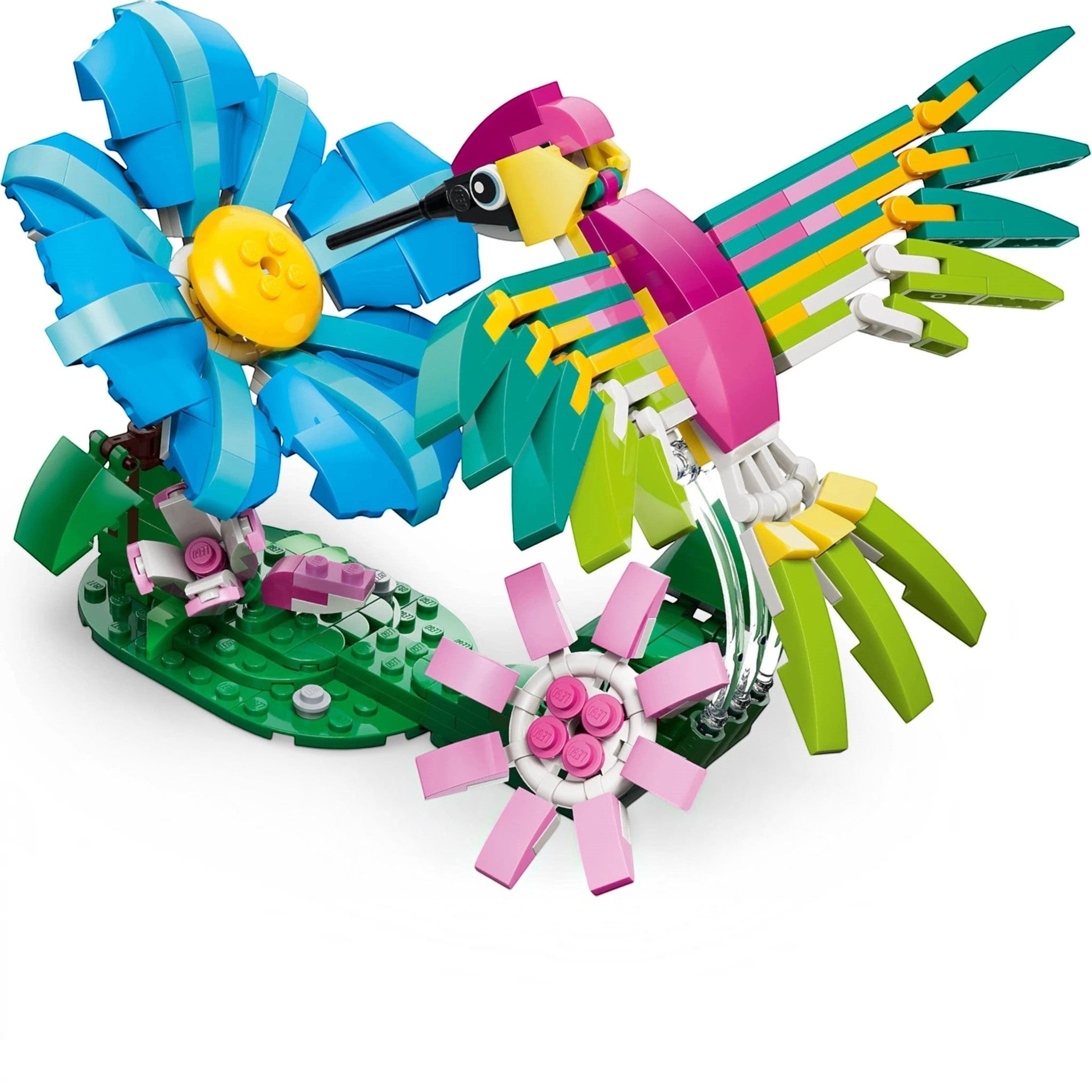 A Brick Apart LEGO Creator Colourful Hummingbird set featuring a posable bird hovering over a large blue flower.