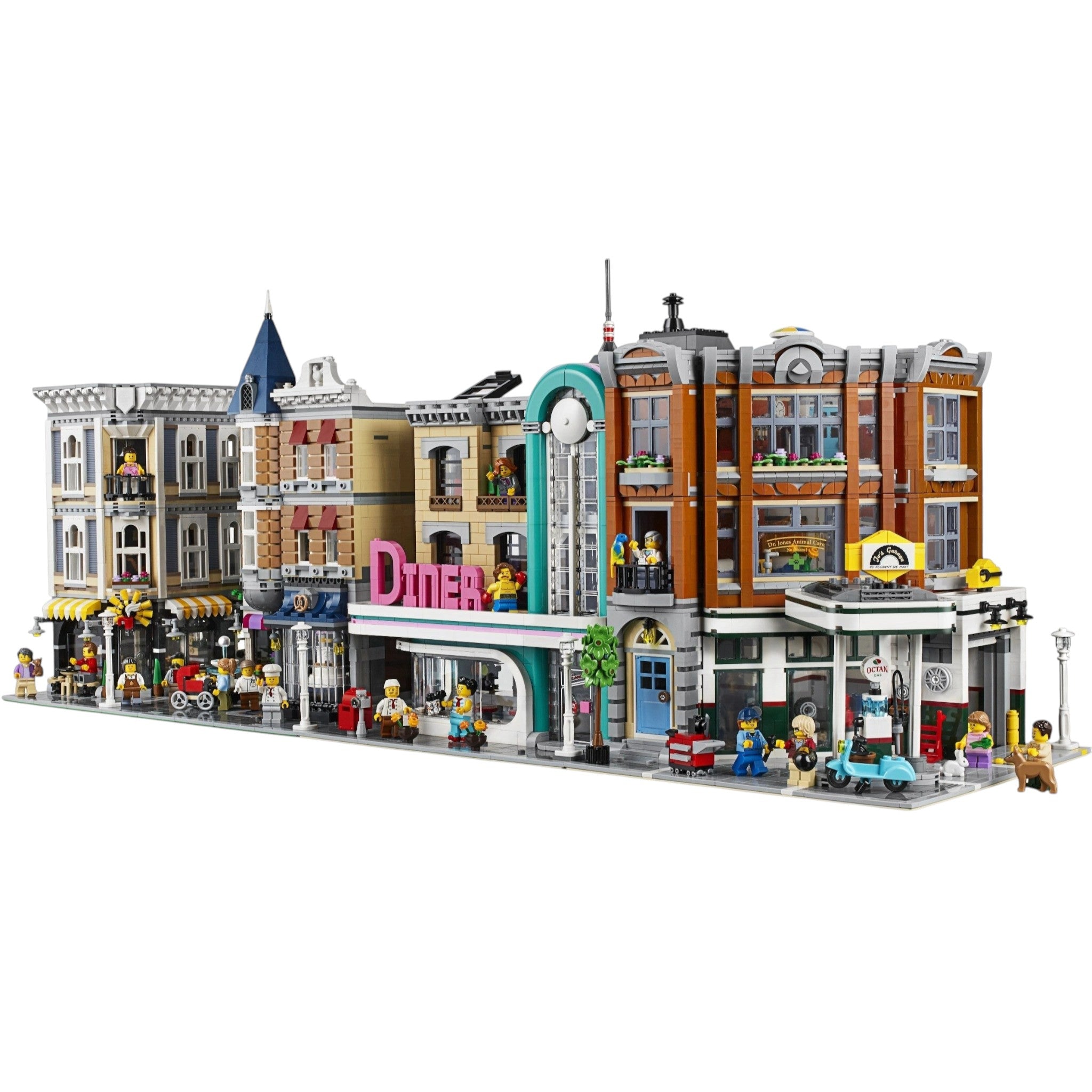 A Brick Apart LEGO Creator Expert Corner Garage modular building set with a 1950s gas station, clinic, and apartment.