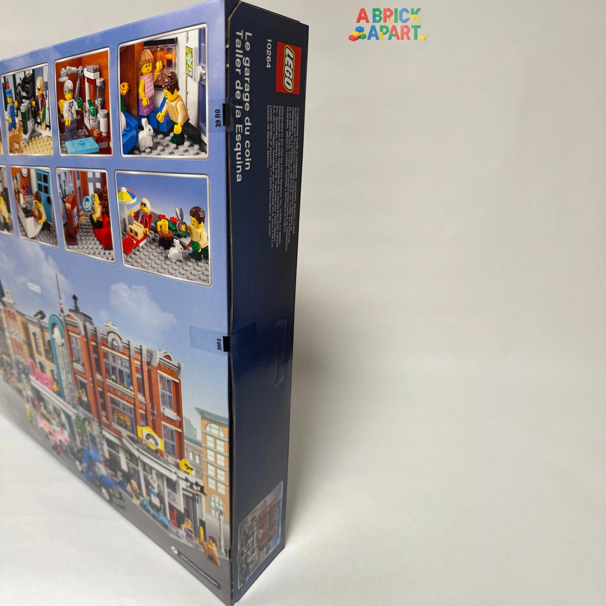 A Brick Apart LEGO Creator Expert Corner Garage box showing the 3-story modular building and interior details.