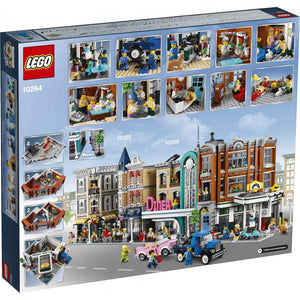 A Brick Apart LEGO Creator Expert Corner Garage box back showing modular building details, minifigures, and interior rooms.