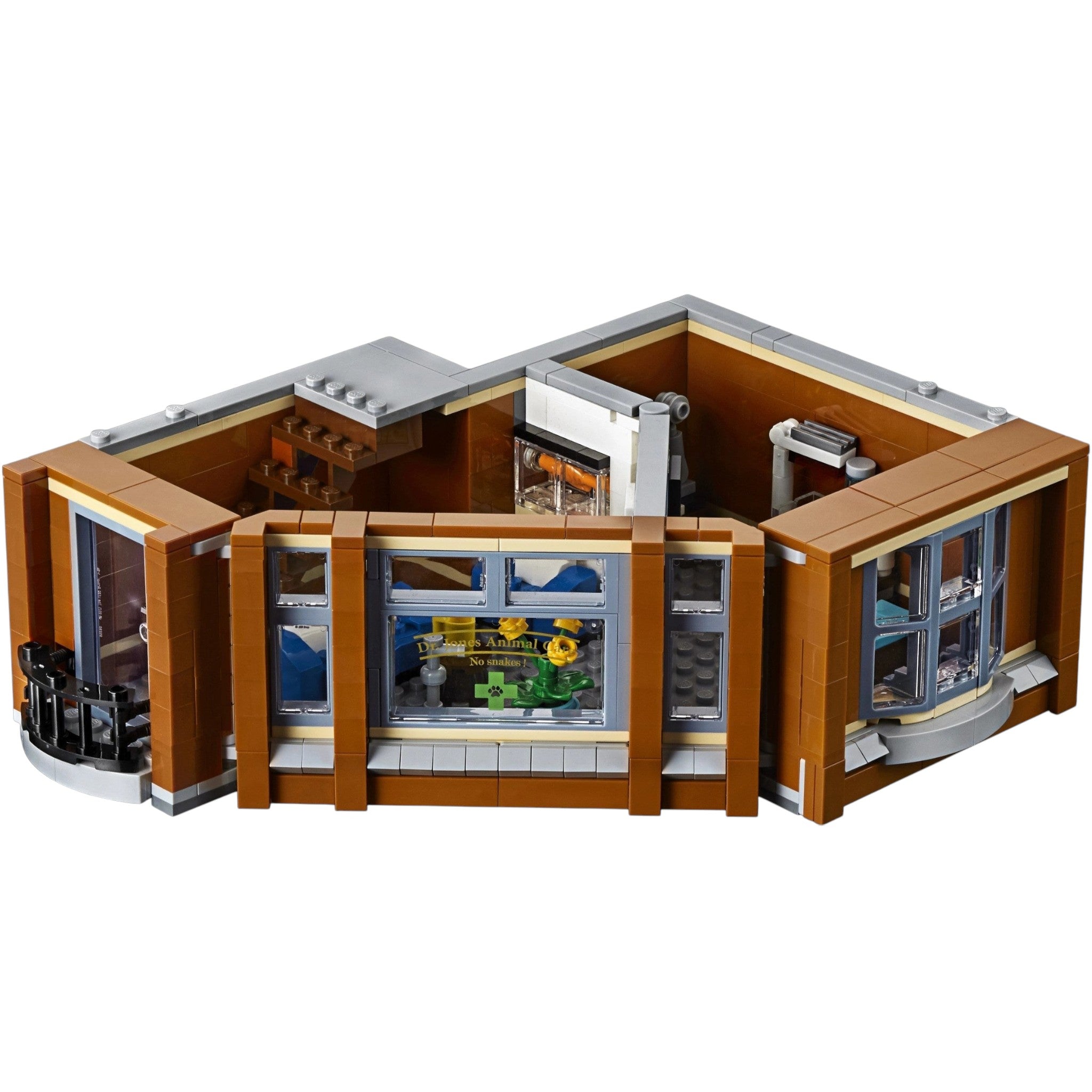 A Brick Apart LEGO Creator Expert Corner Garage animal clinic level with examination table and fish tank interior