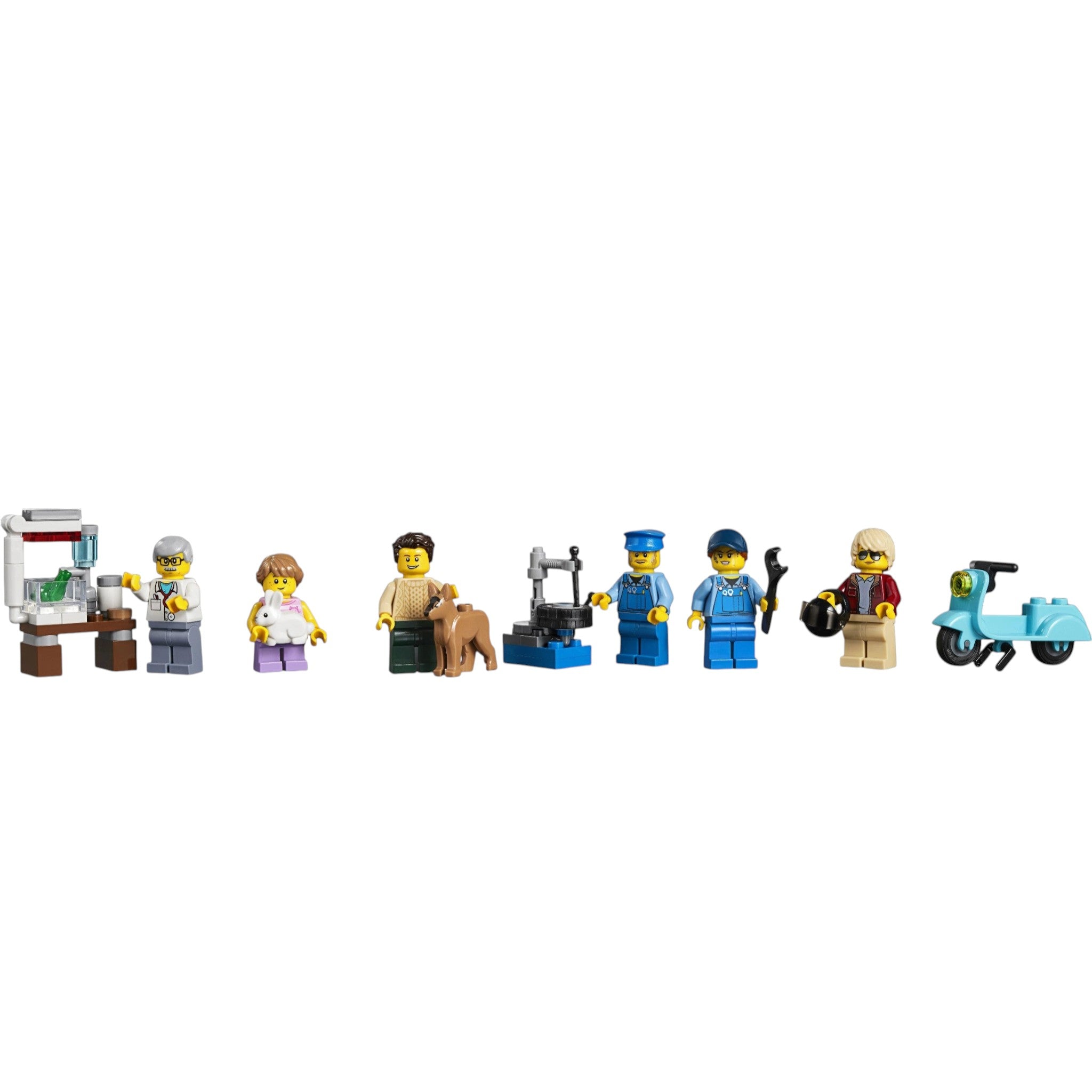 A Brick Apart LEGO Creator Expert Corner Garage set featuring six minifigures, a dog, a rabbit, and a blue scooter.