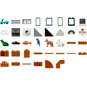 A Brick Apart LEGO Creator Expert Corner Garage set pieces including animal figures, Octan gas sign, and building bricks.