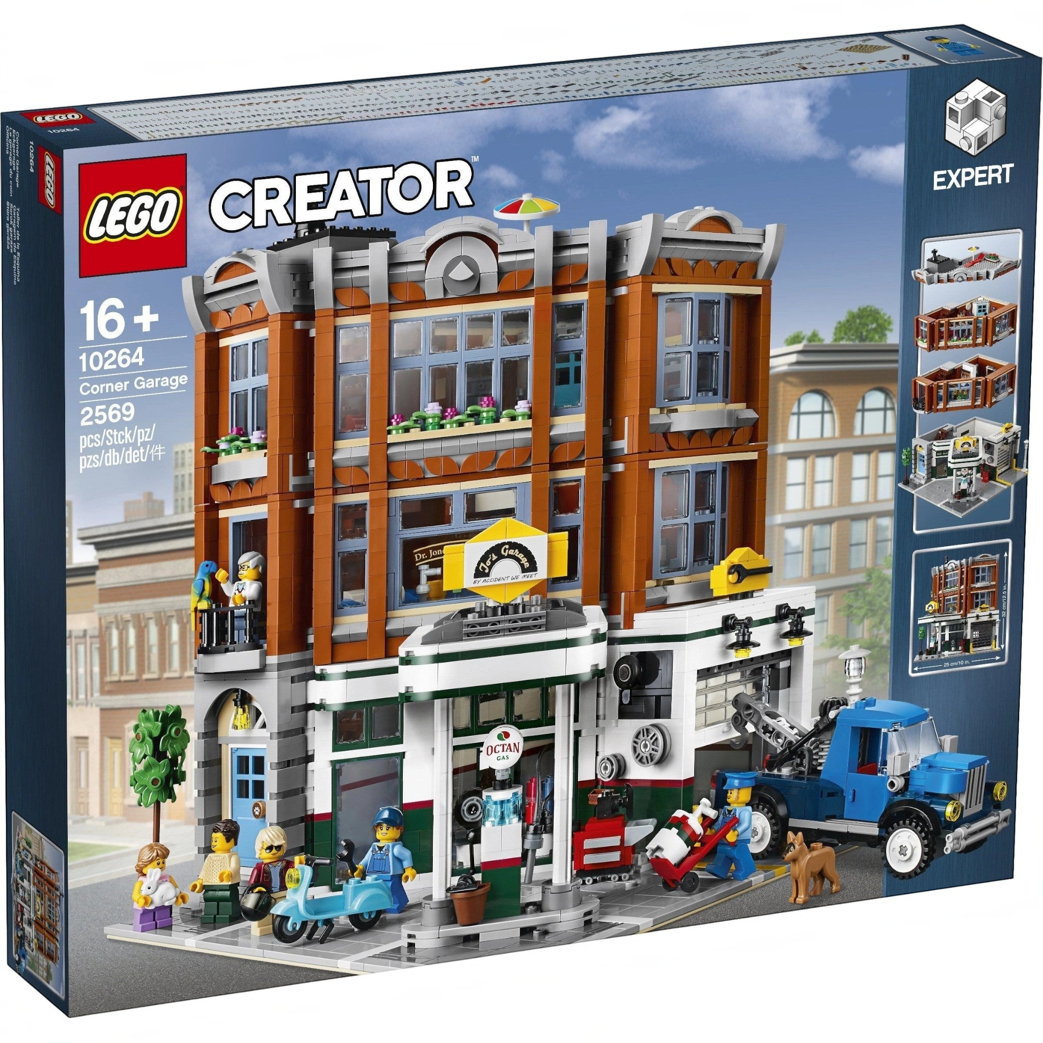 A Brick Apart LEGO Creator Expert Corner Garage modular building set box featuring a 1950s gas station and apartment.