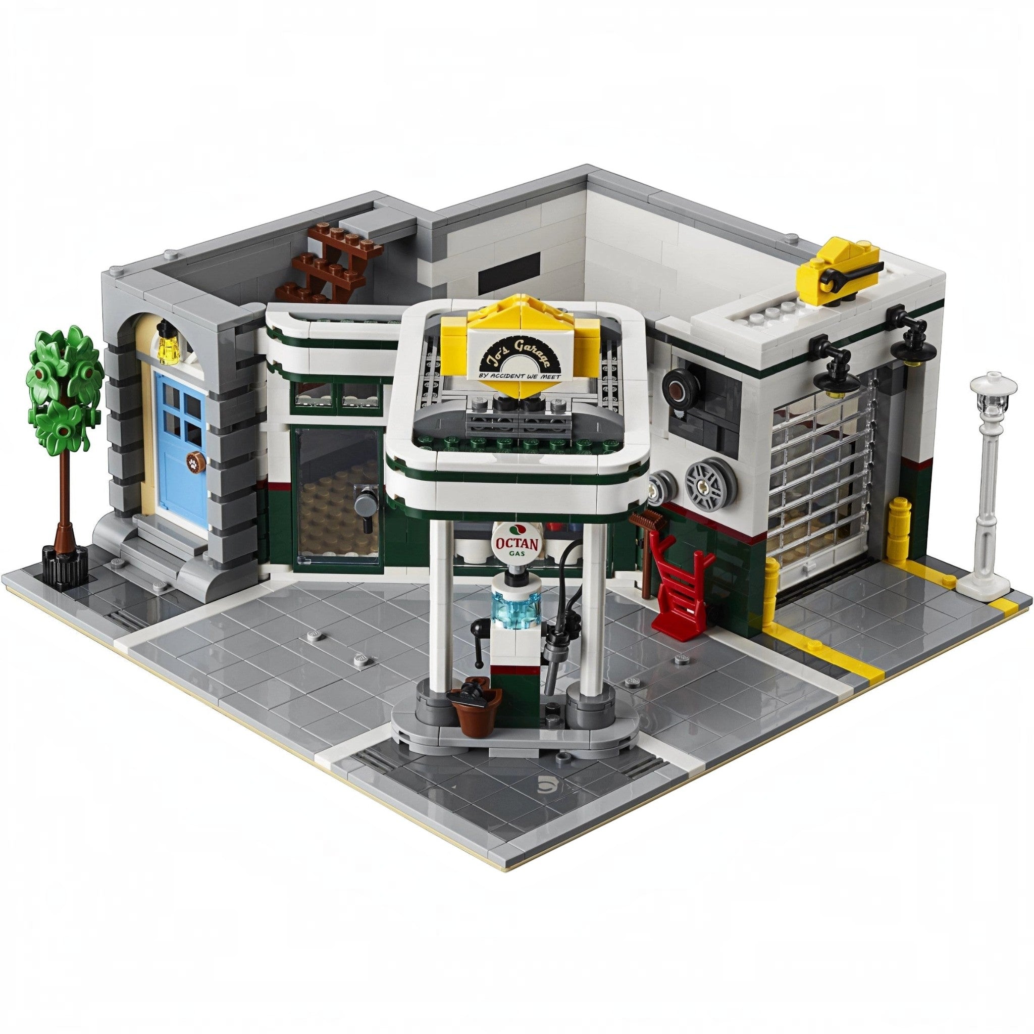 A Brick Apart LEGO Creator Expert Corner Garage modular building set featuring a 1950s gas station and workshop.