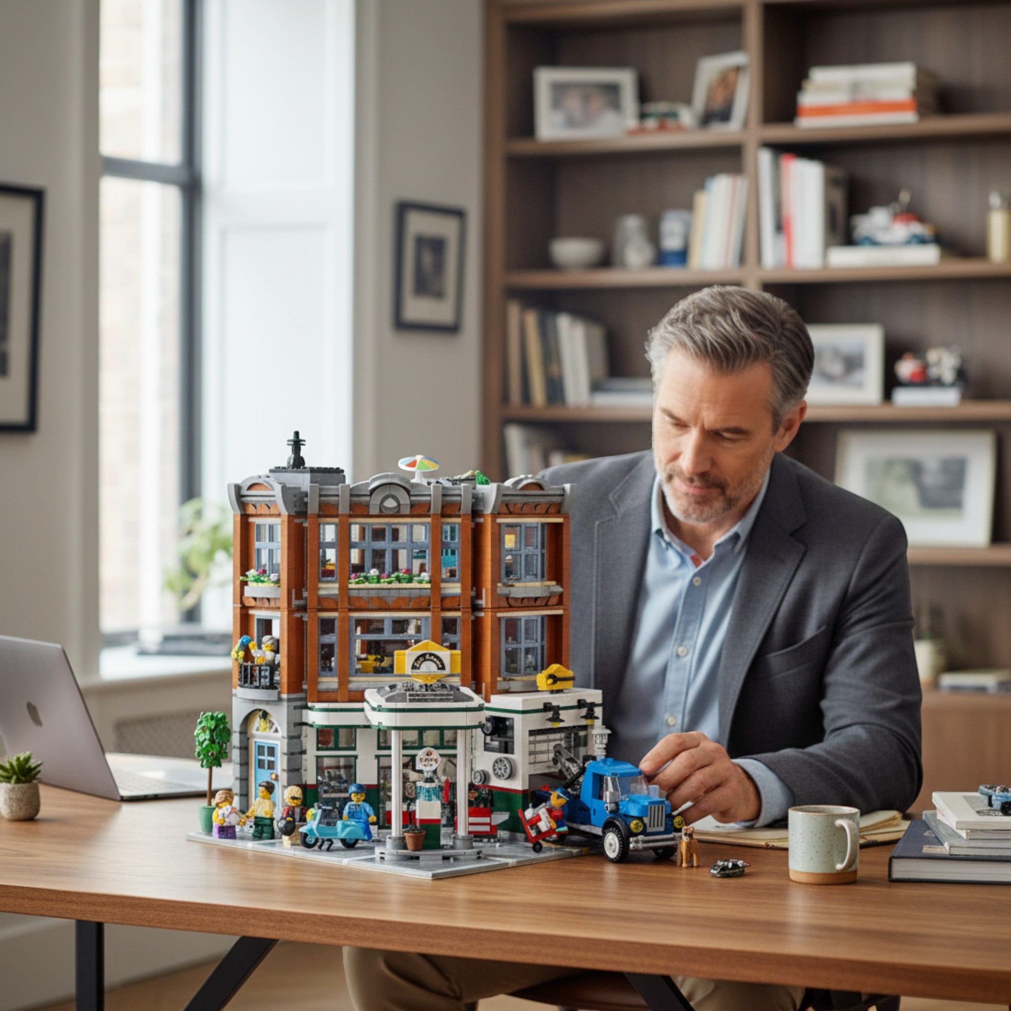 A Brick Apart LEGO Creator Expert Corner Garage set displayed on a wooden desk with a man building the model.