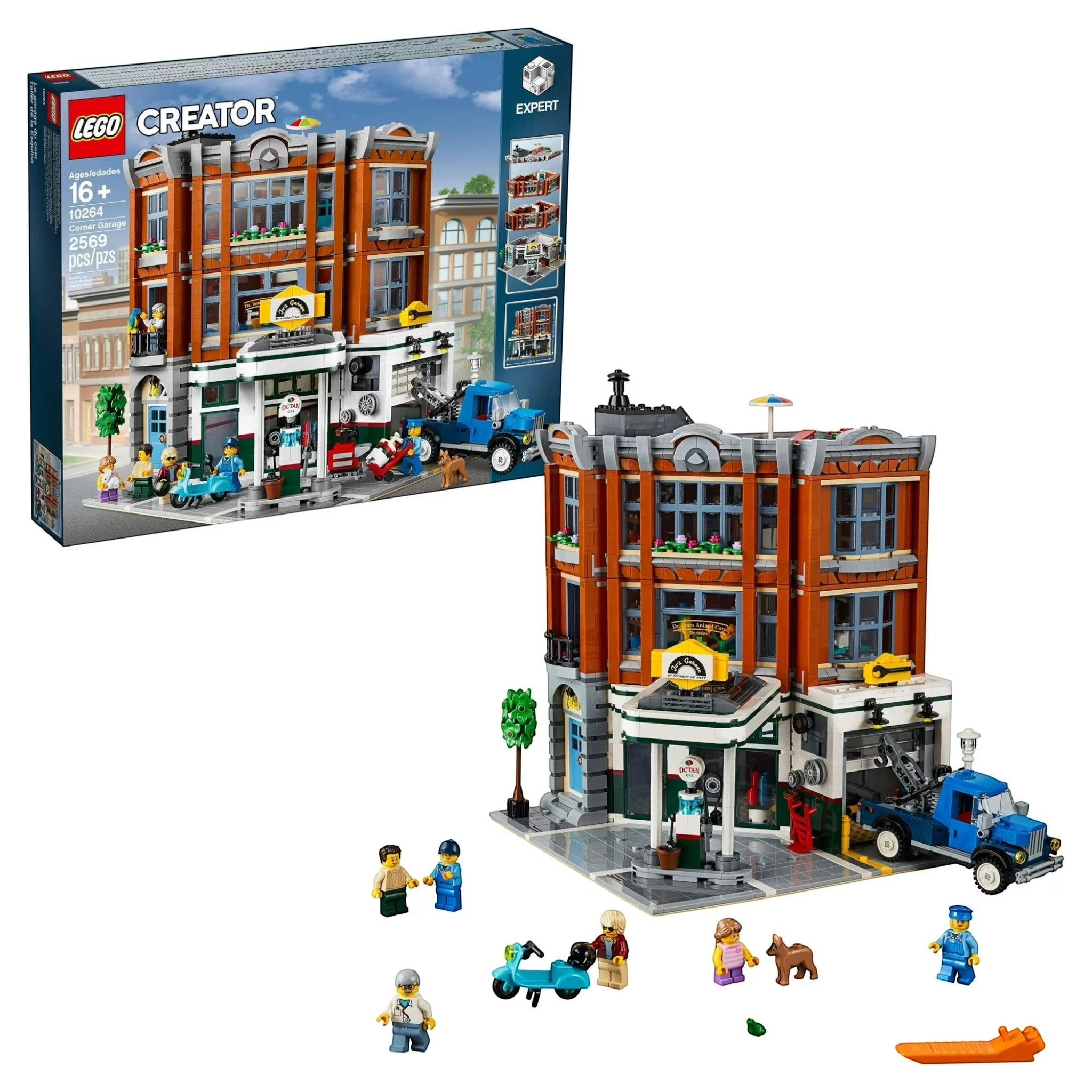 A Brick Apart LEGO Creator Expert Corner Garage modular building set with minifigures, gas station, and animal clinic.