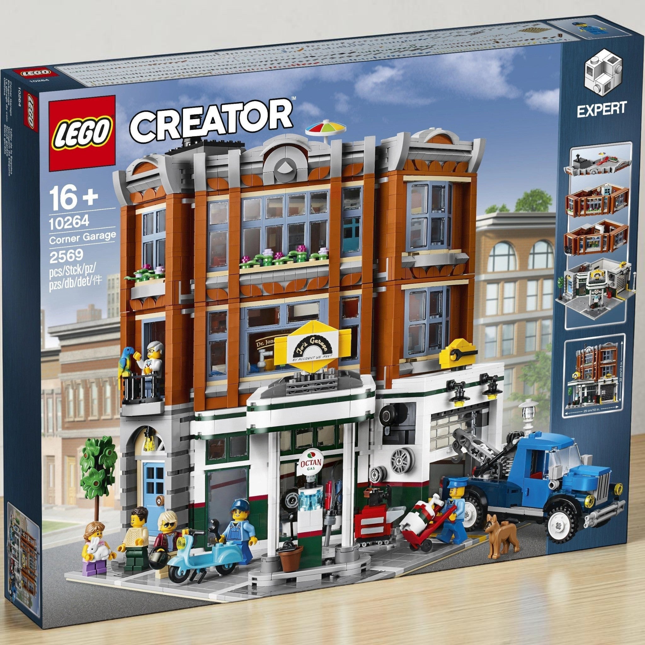 A Brick Apart LEGO Creator Expert Corner Garage modular building set box featuring a 1950s gas station and apartment.