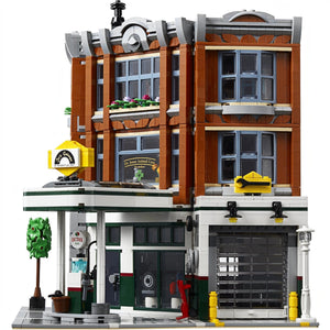 A Brick Apart LEGO Creator Expert Corner Garage modular building set with a 1950s gas station, clinic, and apartment.