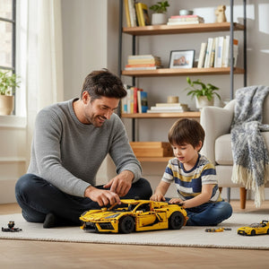 [lifestyle-person] A Brick Apart father and son building a yellow LEGO Technic Chevrolet Corvette Stingray model on a living room rug