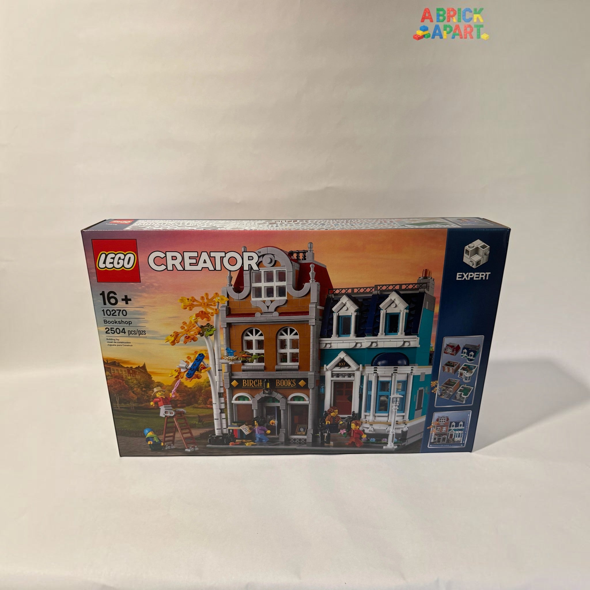 A Brick Apart LEGO Creator Expert Bookshop 10270 building set box featuring a 3-story modular townhouse design.