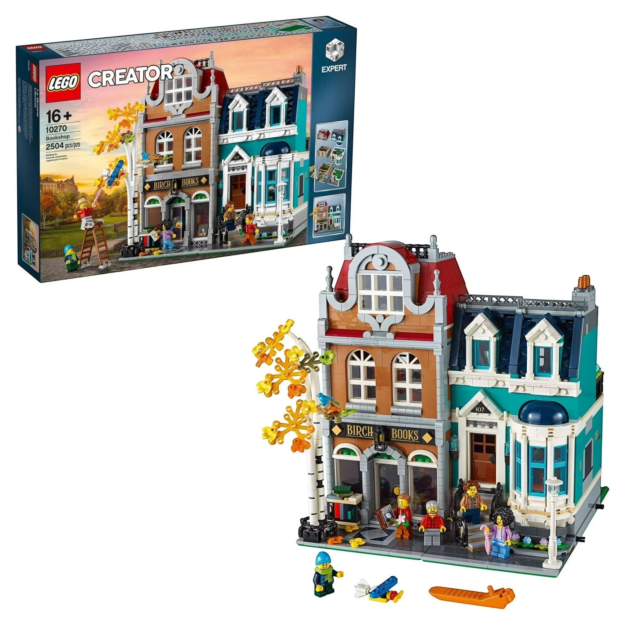 A Brick Apart LEGO Creator Expert Bookshop set featuring a detailed 3-story modular building with minifigures.