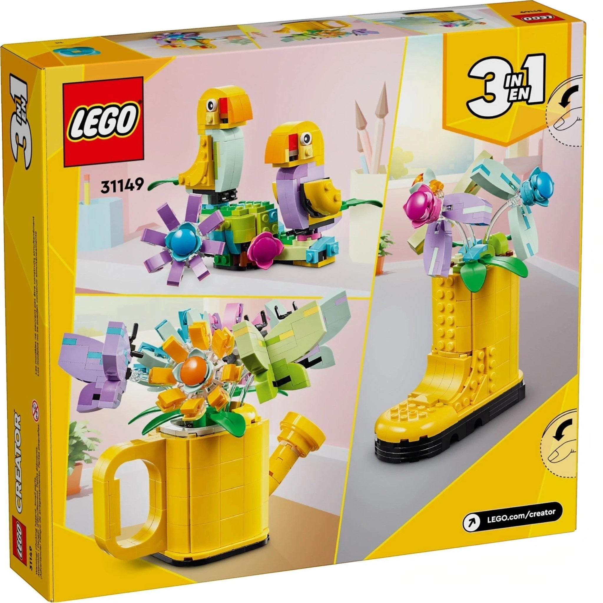 A Brick Apart LEGO Creator 3in1 Flowers in Watering Can set box showing three nature-themed brick-built models.