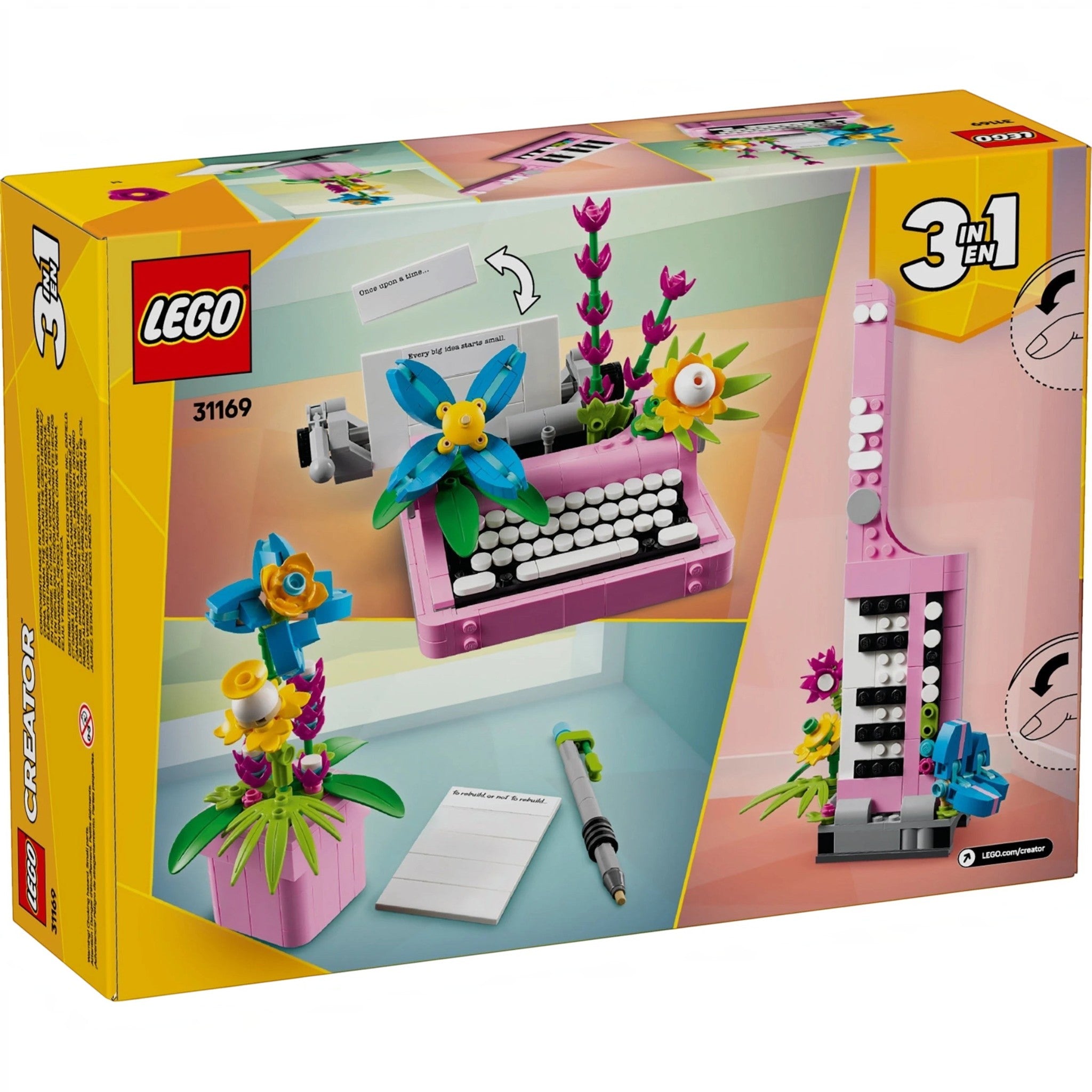 A Brick Apart LEGO Creator 3in1 typewriter set box showing a pink typewriter with flowers, keytar, and flowerpot.
