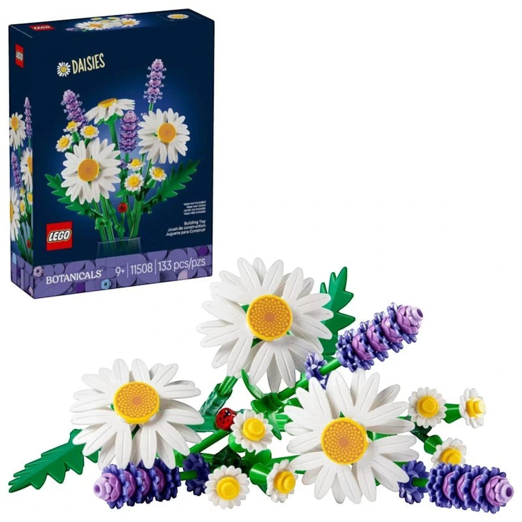 A Brick Apart LEGO Botanicals Daisies set featuring white daisies, purple lavender, green stems, and a small ladybug.