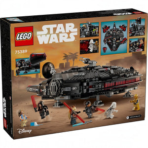 A Brick Apart LEGO Star Wars The Dark Falcon set box showing the black starship and six minifigures on a desert base