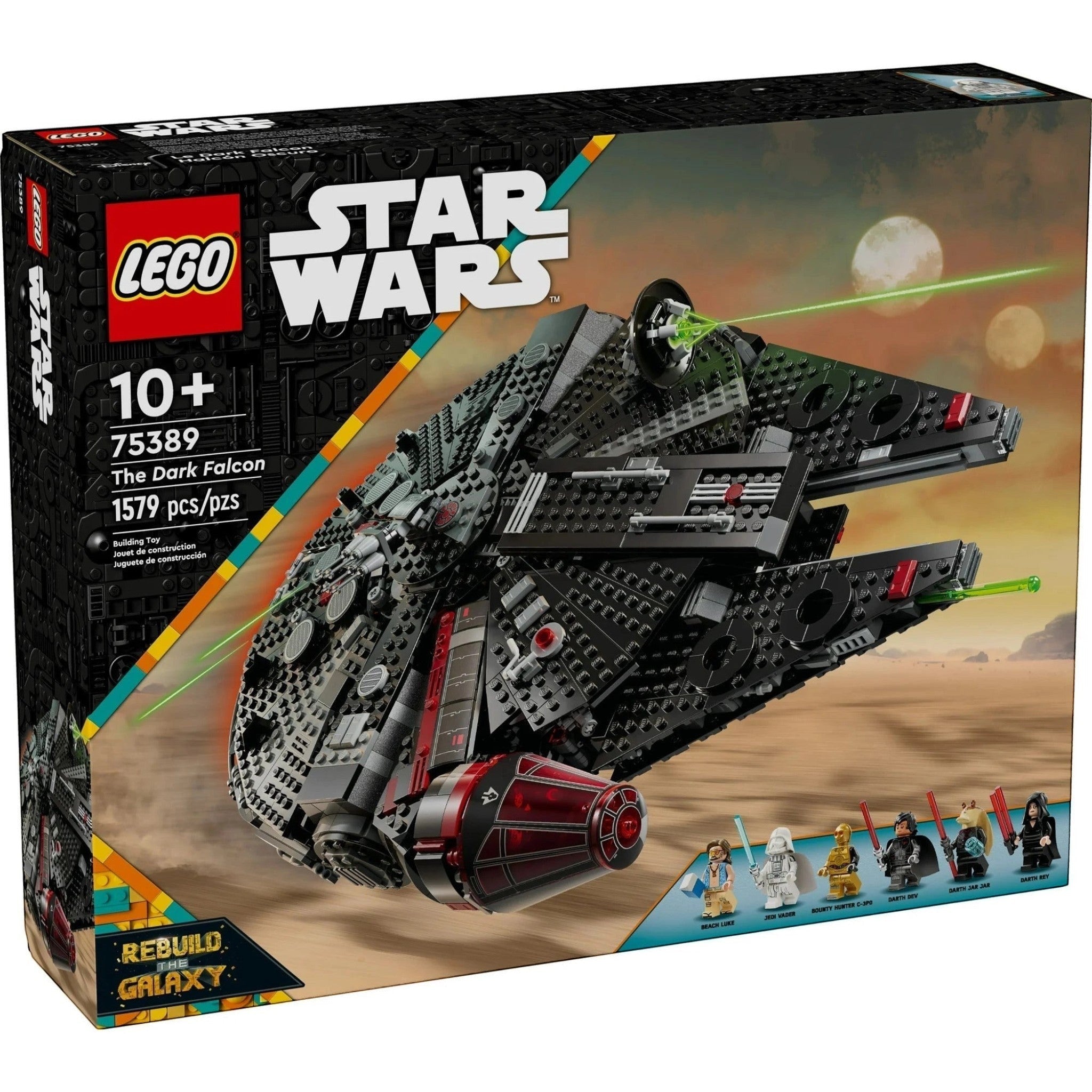 A Brick Apart LEGO Star Wars The Dark Falcon set box featuring a black Millennium Falcon starship and six minifigures.