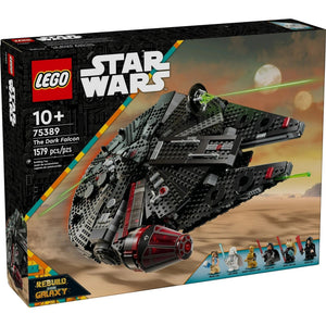 A Brick Apart LEGO Star Wars The Dark Falcon set box featuring a black Millennium Falcon starship and six minifigures.