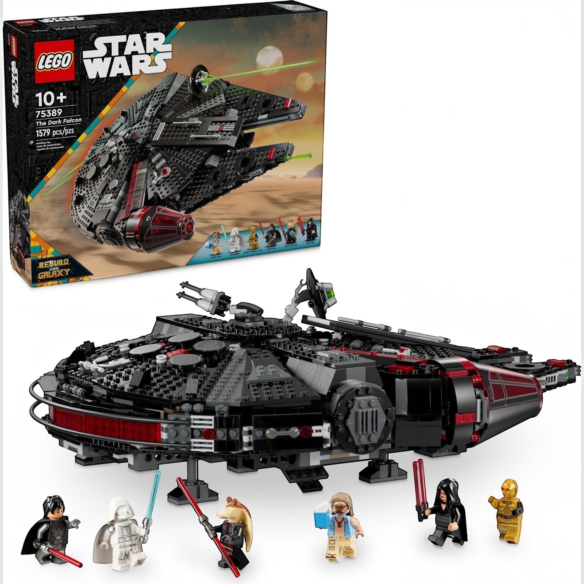 A Brick Apart LEGO Star Wars The Dark Falcon starship model with six minifigures including Darth Jar Jar and Jedi Vader.