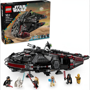 A Brick Apart LEGO Star Wars The Dark Falcon starship model with six minifigures including Darth Jar Jar and Jedi Vader.