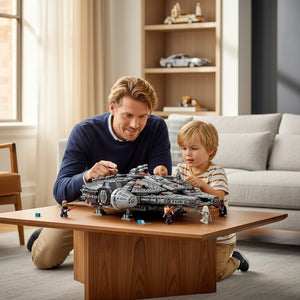 A Brick Apart LEGO Star Wars The Dark Falcon set being built by a father and son on a wooden coffee table