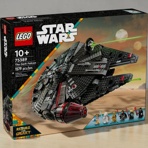 A Brick Apart LEGO Star Wars The Dark Falcon box set featuring a black Millennium Falcon starship and six minifigures.