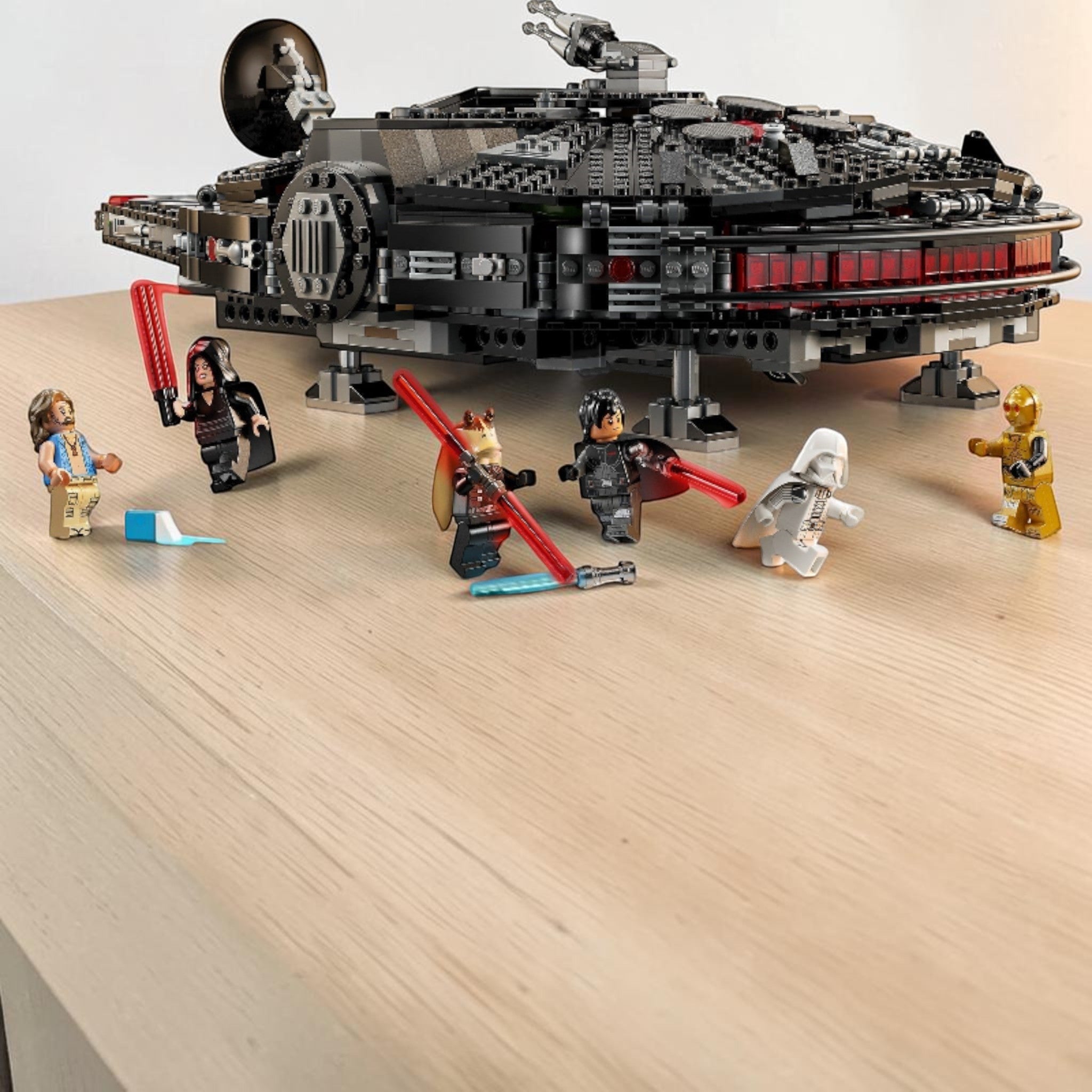 A Brick Apart LEGO Star Wars The Dark Falcon set with black starship model and six unique minifigures on white background