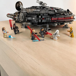 A Brick Apart LEGO Star Wars The Dark Falcon set with black starship model and six unique minifigures on white background