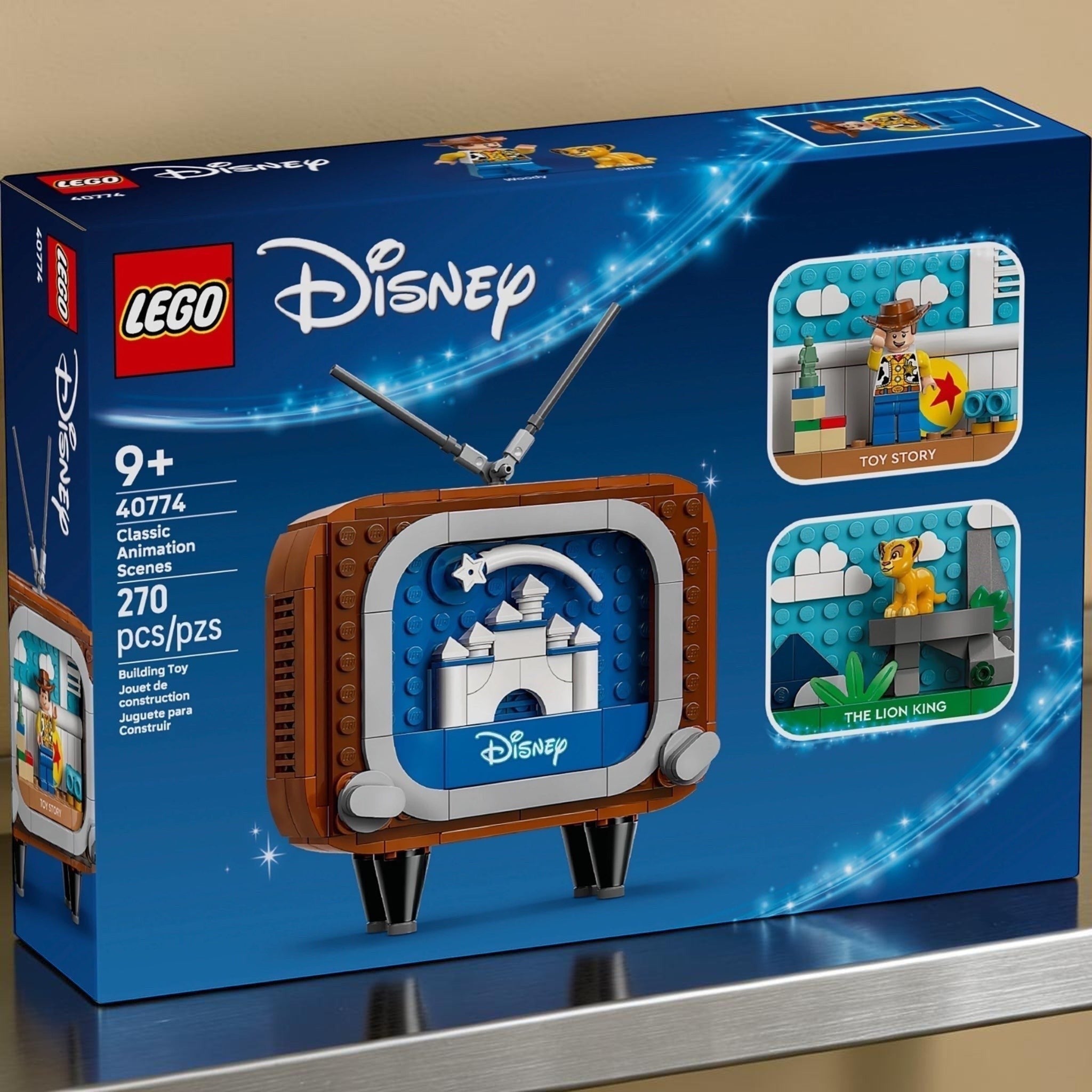 A Brick Apart LEGO Disney Classic Animation Scenes set featuring a retro TV with interchangeable movie scene inserts.