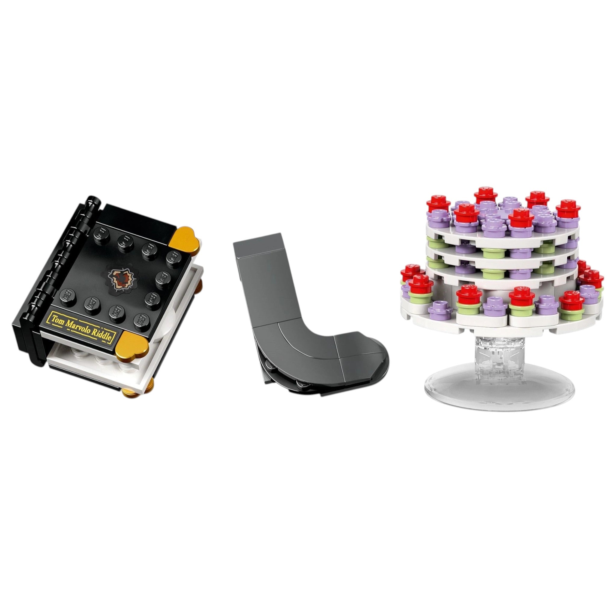 A Brick Apart LEGO Harry Potter Dobby accessories including Tom Riddle diary, black sock, and floating pudding cake.