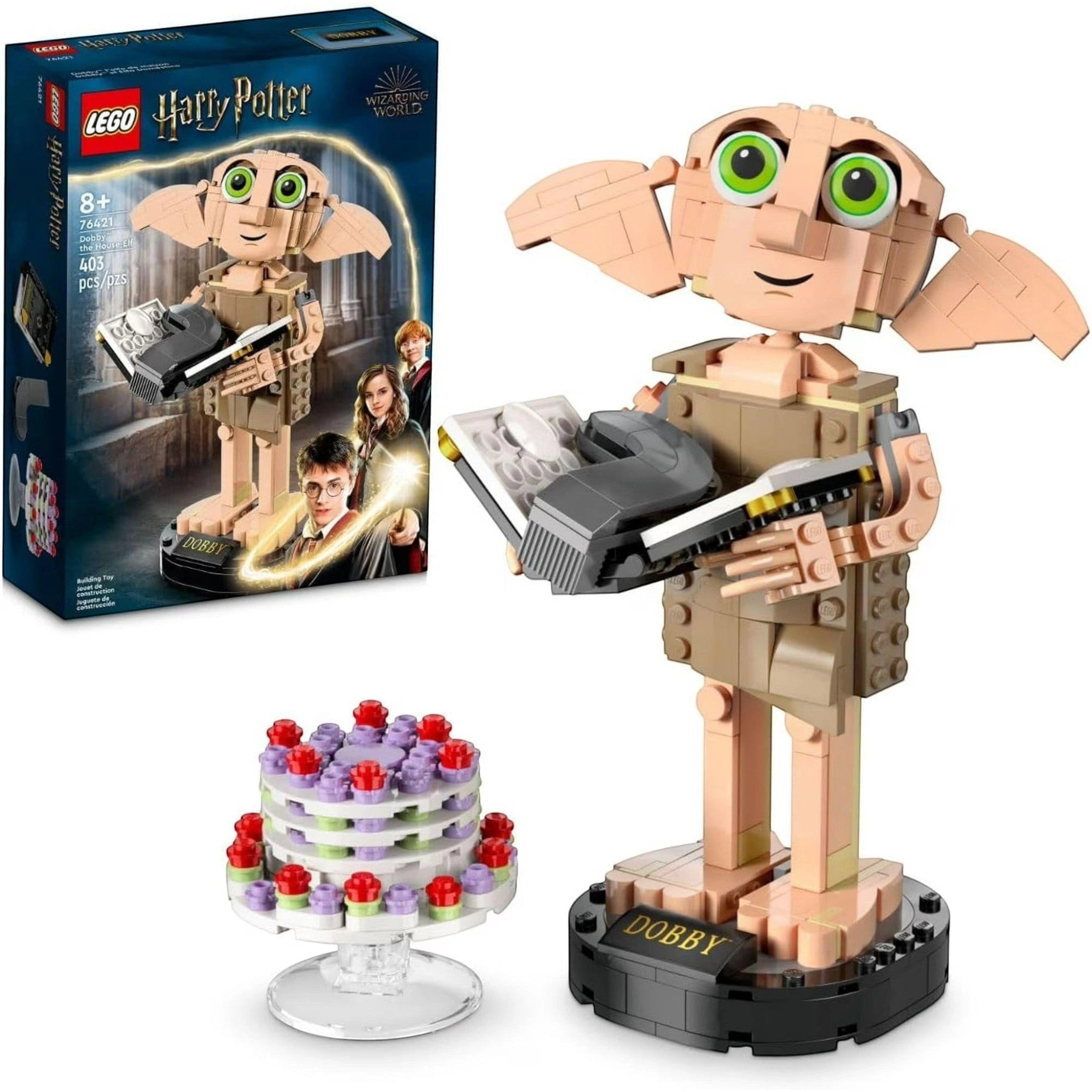 A Brick Apart LEGO Harry Potter Dobby the House-Elf figure with posable limbs, diary accessory, and pudding cake.