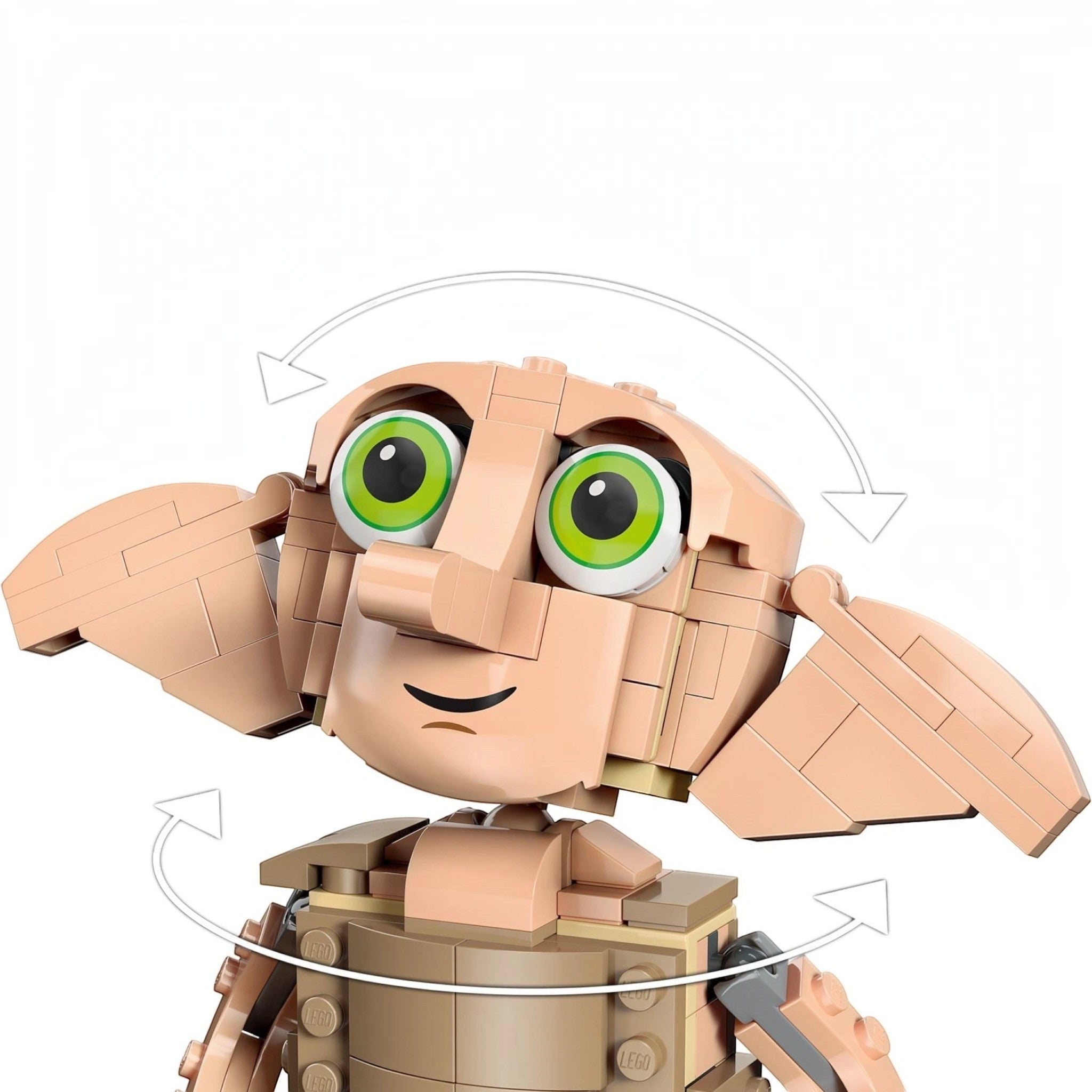 A Brick Apart LEGO Harry Potter Dobby the House-Elf figure showing posable head movement and large green eyes.