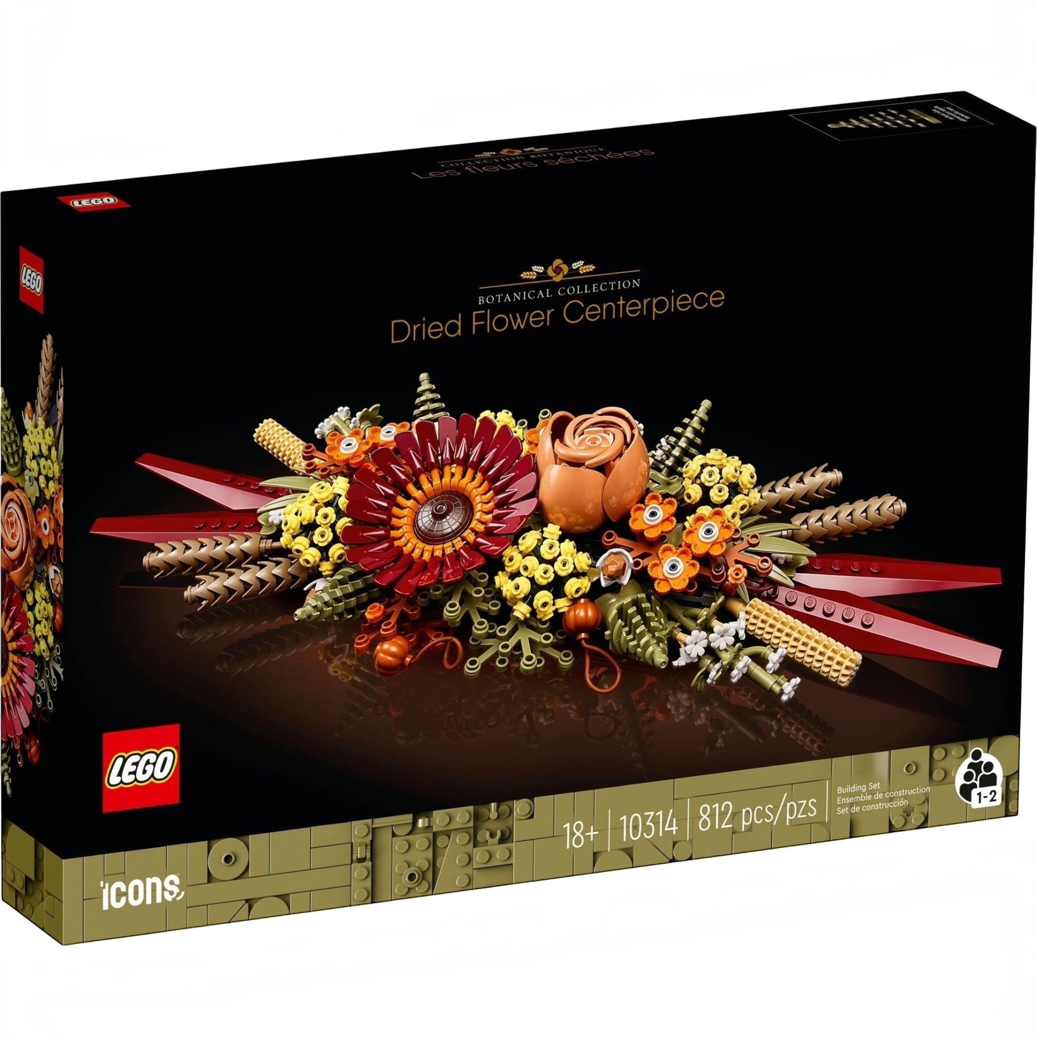 A Brick Apart LEGO Icons Dried Flower Centrepiece set box featuring fall-inspired floral designs and vibrant blooms.