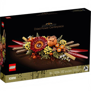 A Brick Apart LEGO Icons Dried Flower Centrepiece set box featuring fall-inspired floral designs and vibrant blooms.