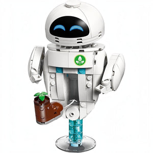A Brick Apart LEGO Disney EVE robot figure holding a plant in a boot with a blue translucent display stand