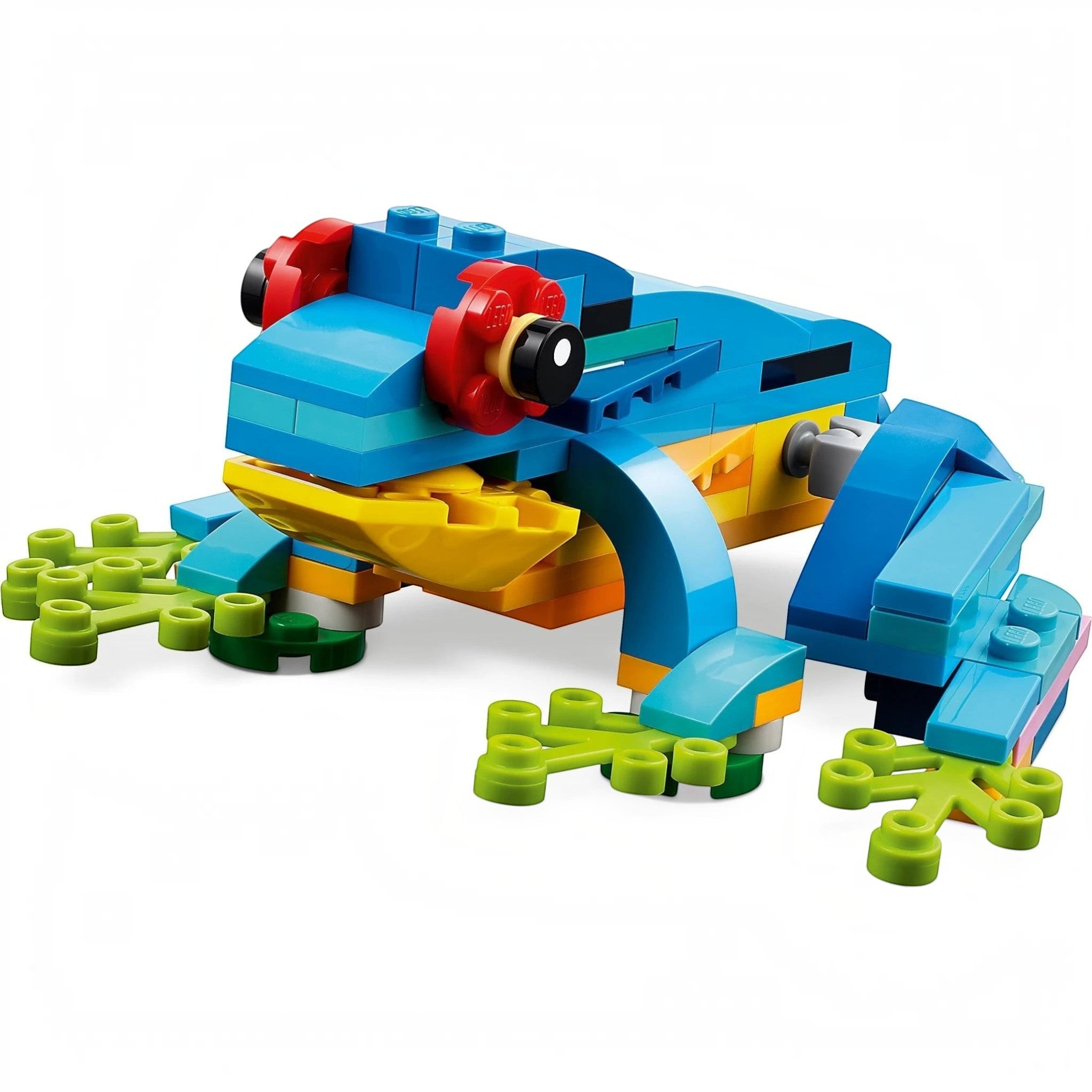 A Brick Apart LEGO Creator 3in1 exotic frog model built from vibrant blue, yellow, and green plastic bricks.