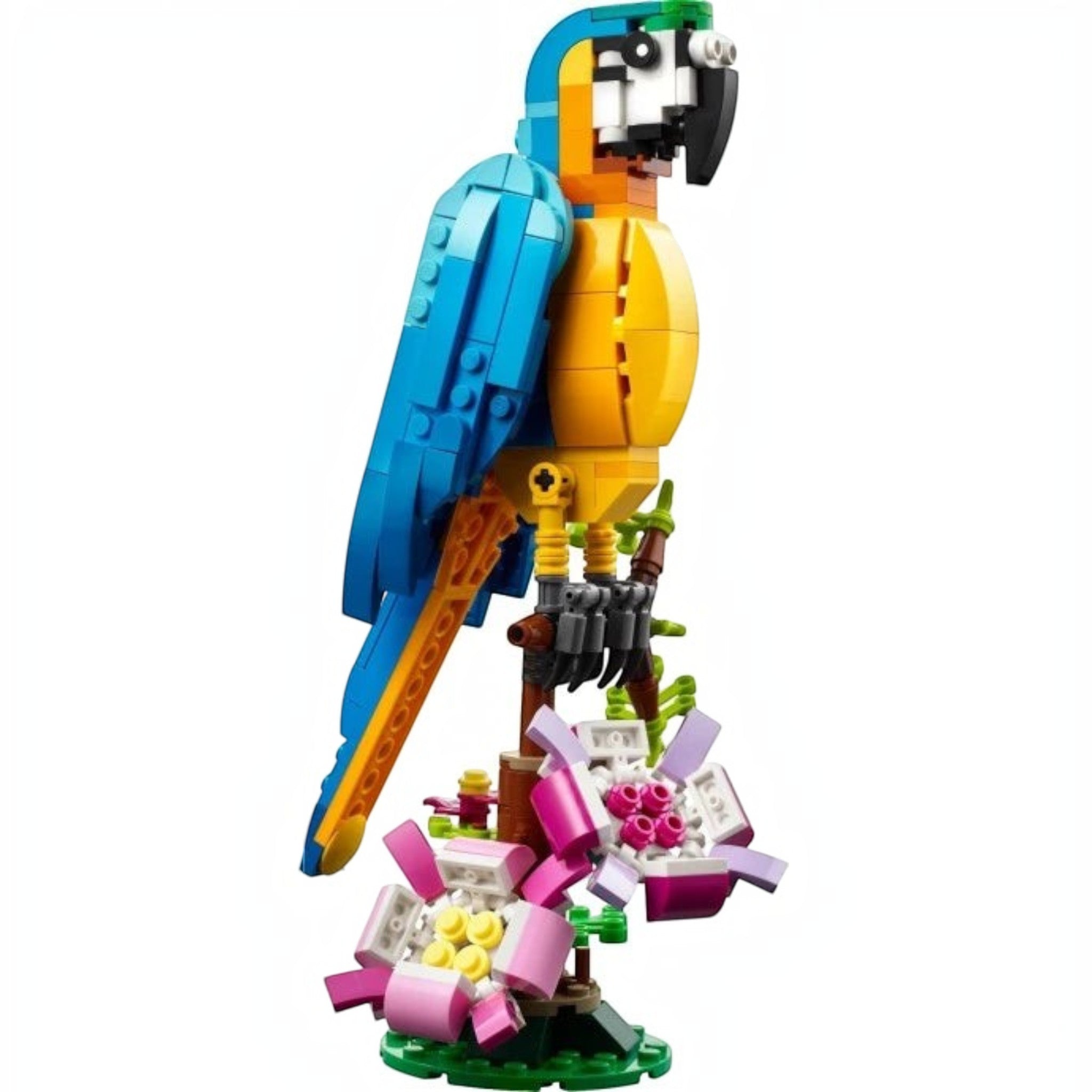 A Brick Apart LEGO Creator Exotic Parrot set featuring a posable blue, yellow, and green bird perched on a flower base.