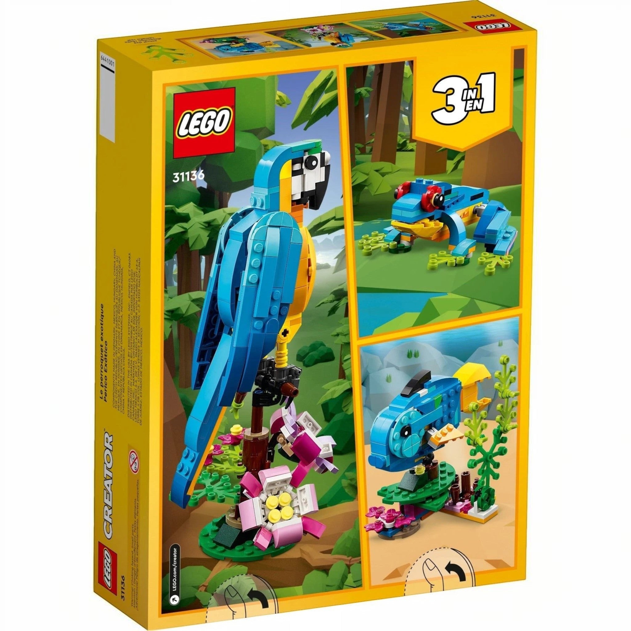 A Brick Apart LEGO Creator 3in1 Exotic Parrot set box featuring a posable blue parrot, a frog, and a fish model.
