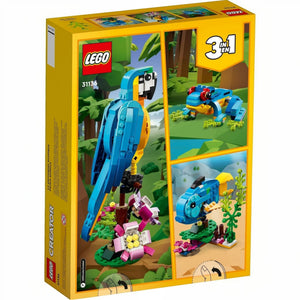 A Brick Apart LEGO Creator 3in1 Exotic Parrot set box featuring a posable blue parrot, a frog, and a fish model.
