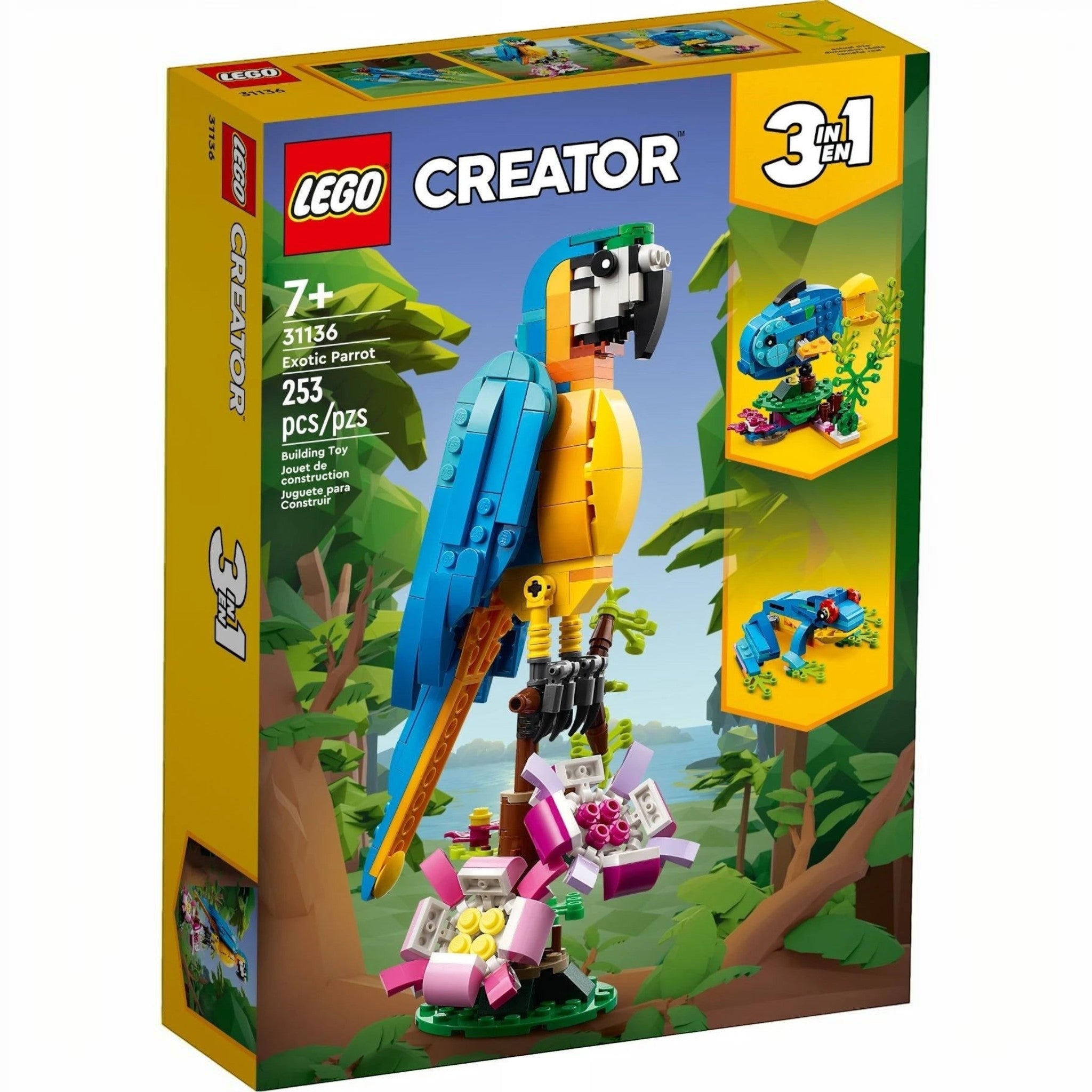 A Brick Apart LEGO Creator 3in1 Exotic Parrot building set box featuring a posable blue and yellow parrot model