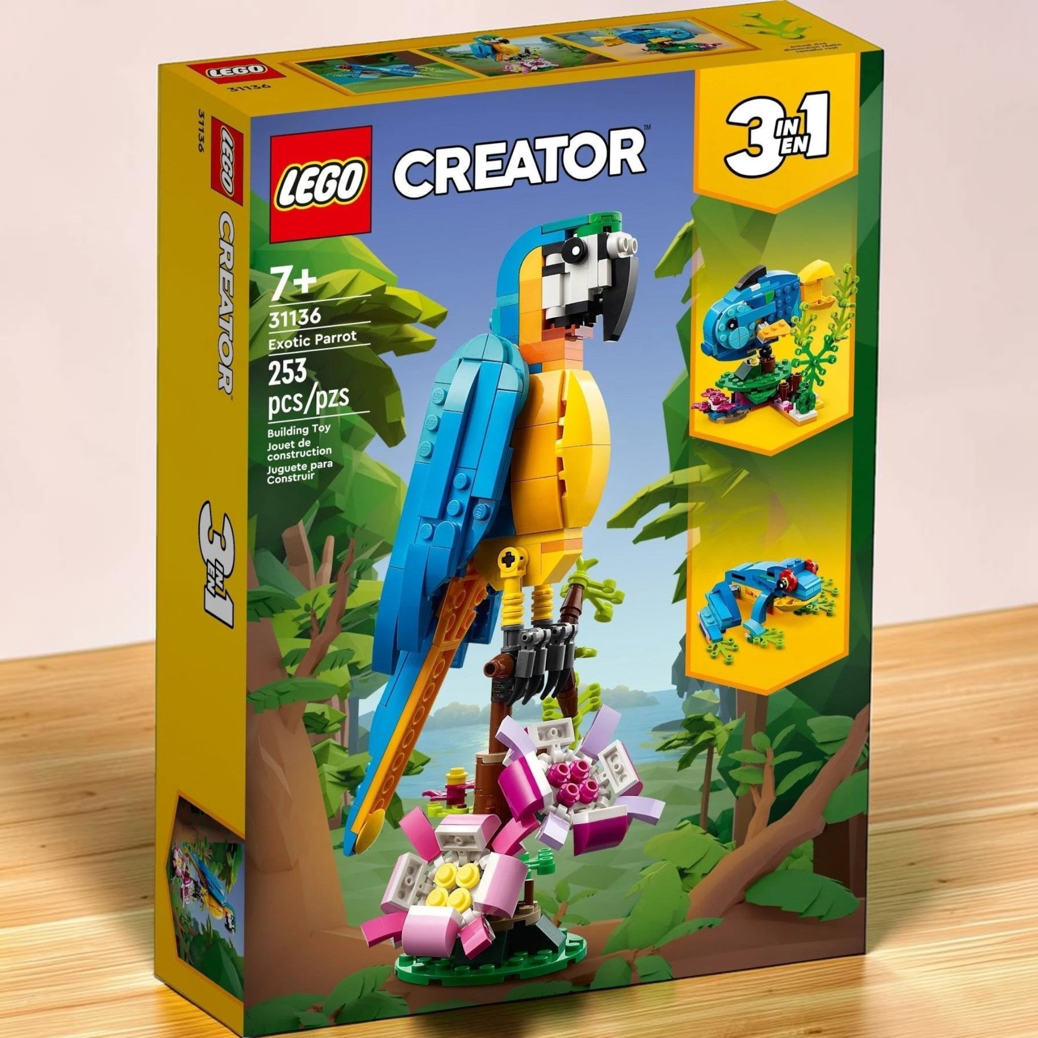A Brick Apart LEGO Creator 3in1 Exotic Parrot building set box featuring a posable blue and yellow parrot model