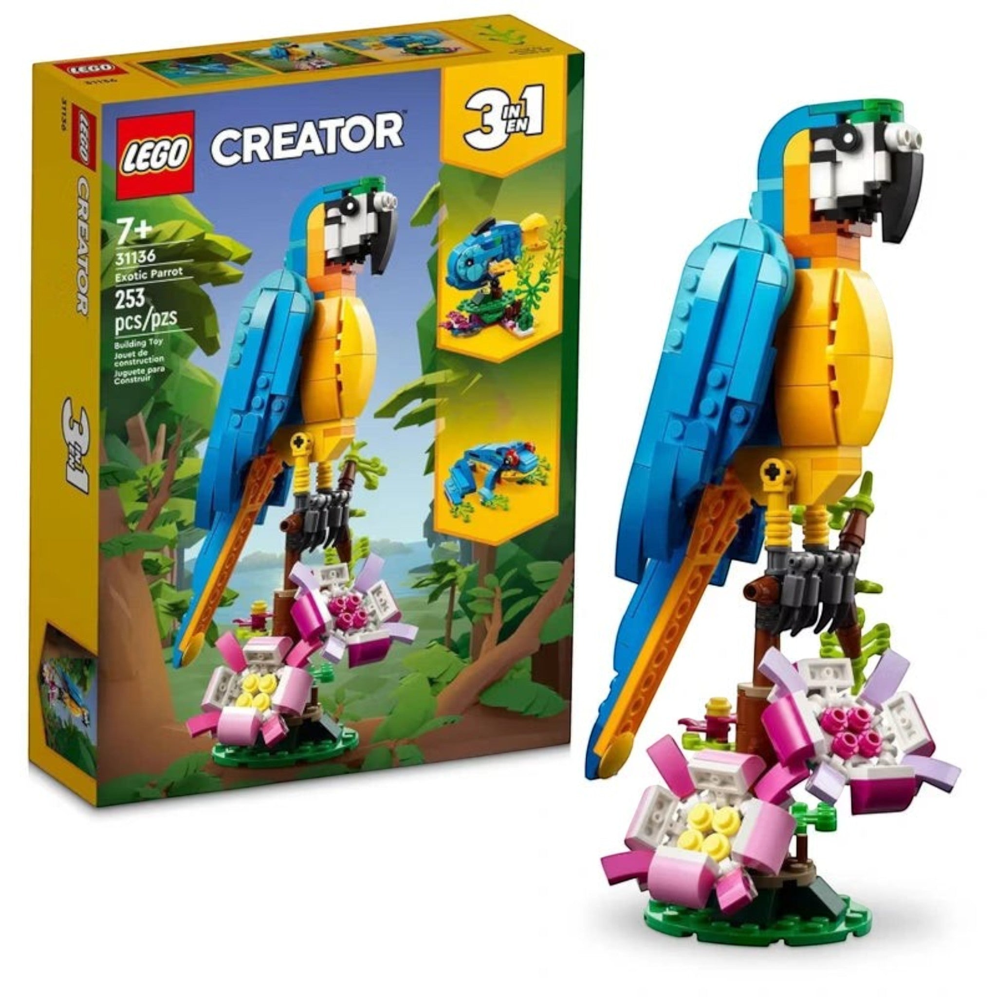 A Brick Apart LEGO Creator 3in1 Exotic Parrot set featuring a posable blue and yellow parrot model on a flower perch.