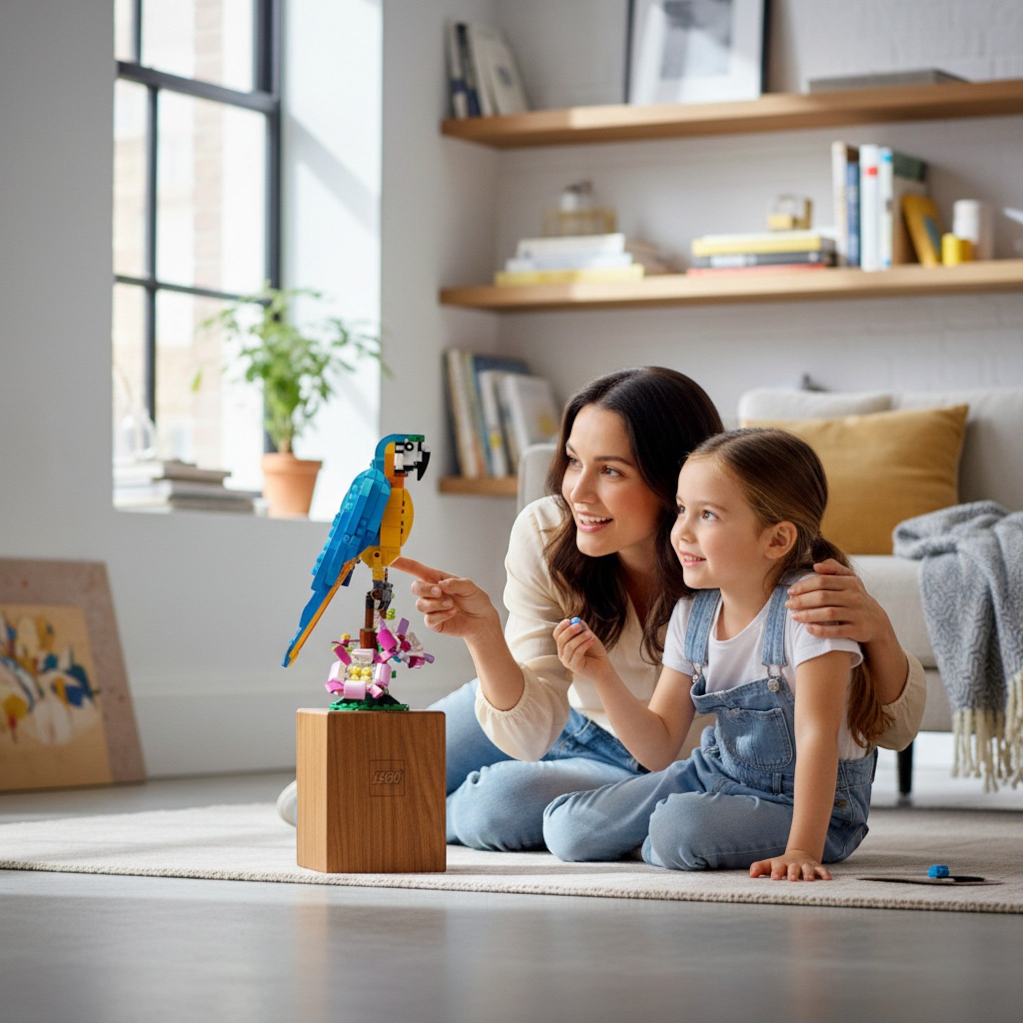 A Brick Apart LEGO Creator Exotic Parrot set featuring a posable blue and yellow bird with a woman and child.