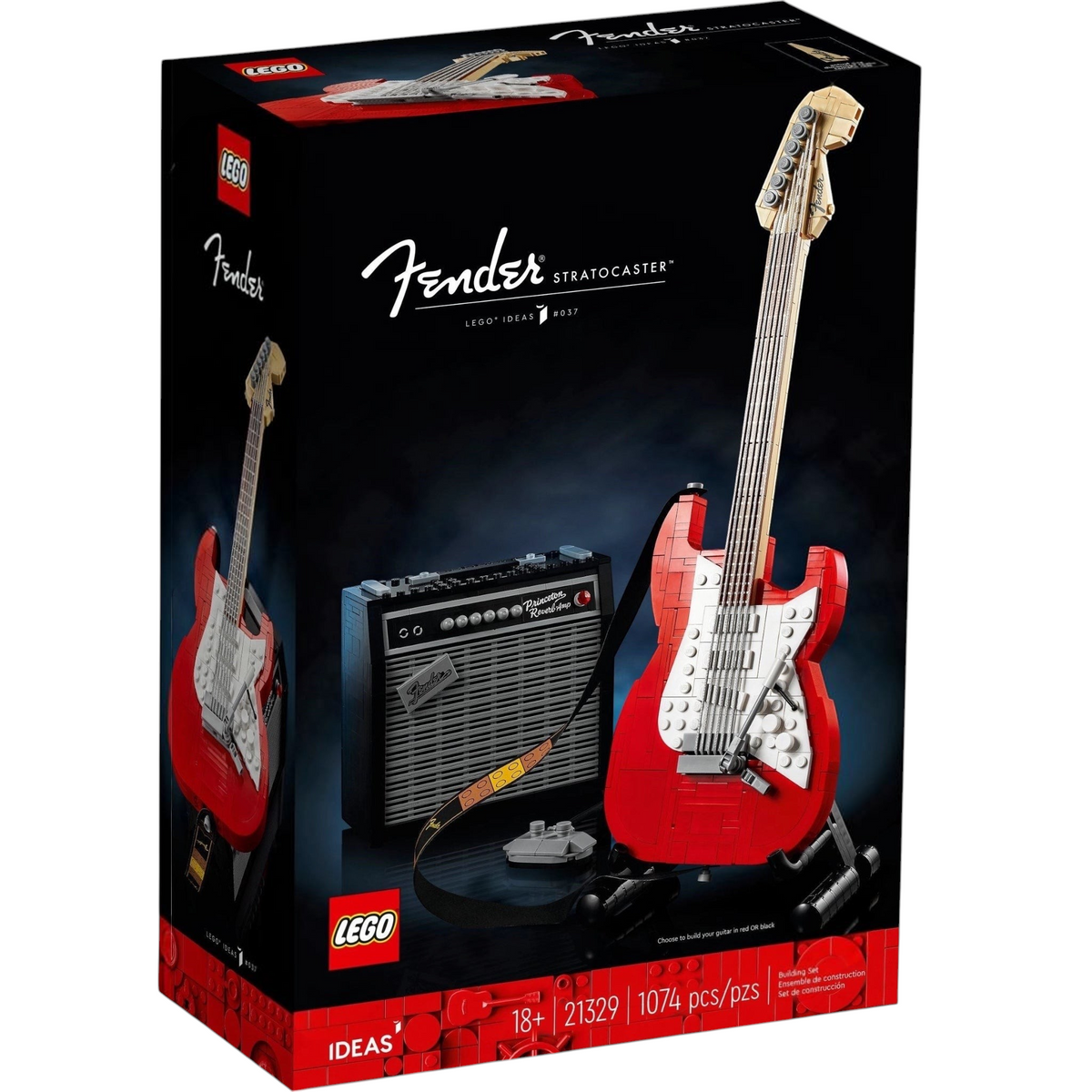 [box-front] A Brick Apart LEGO Ideas Fender Stratocaster set box featuring a red electric guitar and Princeton Reverb amplifier.