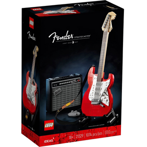 [box-front] A Brick Apart LEGO Ideas Fender Stratocaster set box featuring a red electric guitar and Princeton Reverb amplifier.