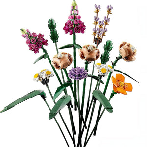 A Brick Apart LEGO Flower Bouquet set featuring colorful plastic roses, daisies, and lavender with adjustable stems.
