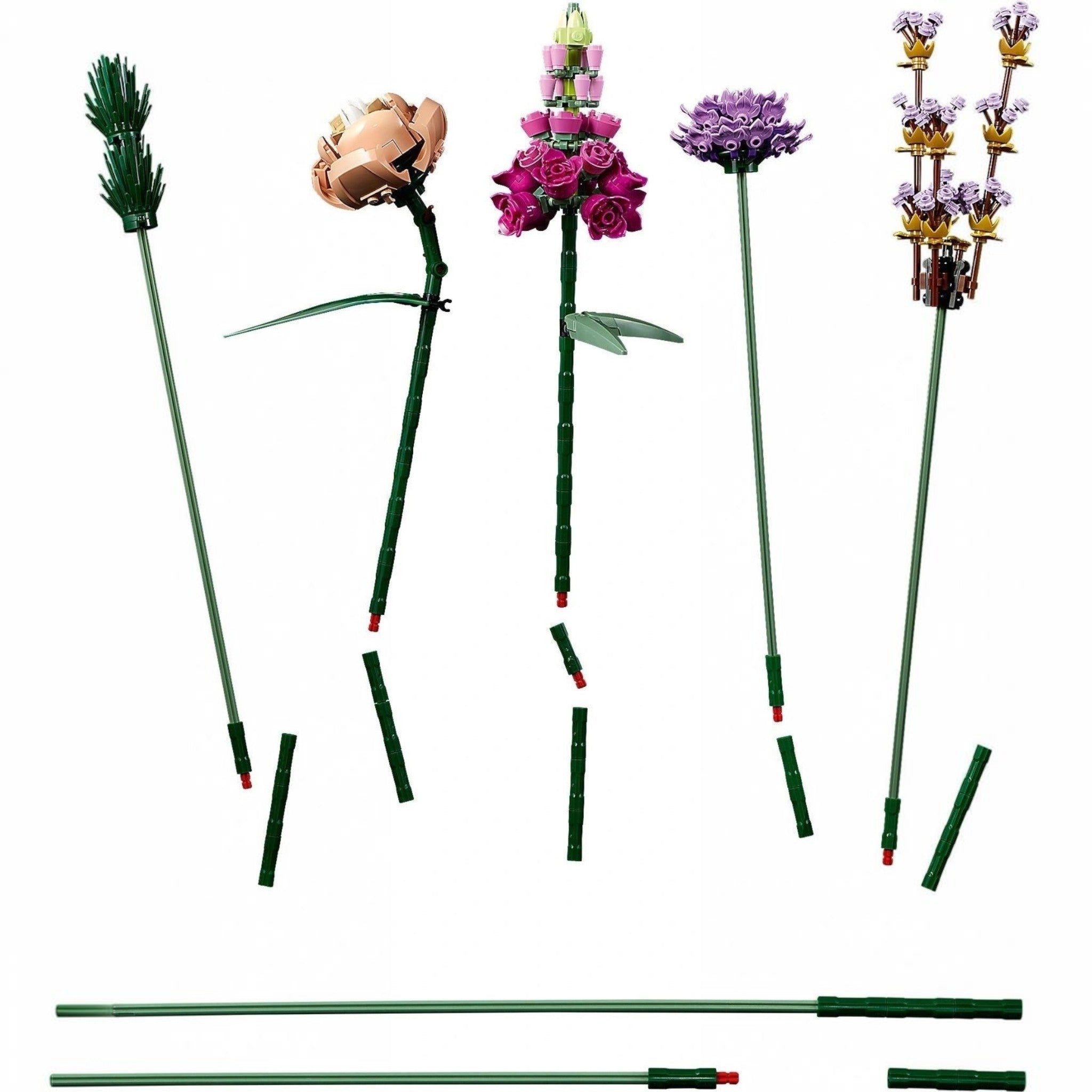 A Brick Apart LEGO Flower Bouquet set featuring five colorful buildable flowers with adjustable green stems.