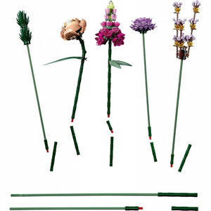 A Brick Apart LEGO Flower Bouquet set featuring five colorful buildable flowers with adjustable green stems.