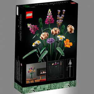 A Brick Apart LEGO Icons Flower Bouquet box showing a vibrant, customizable floral arrangement with adjustable stems.